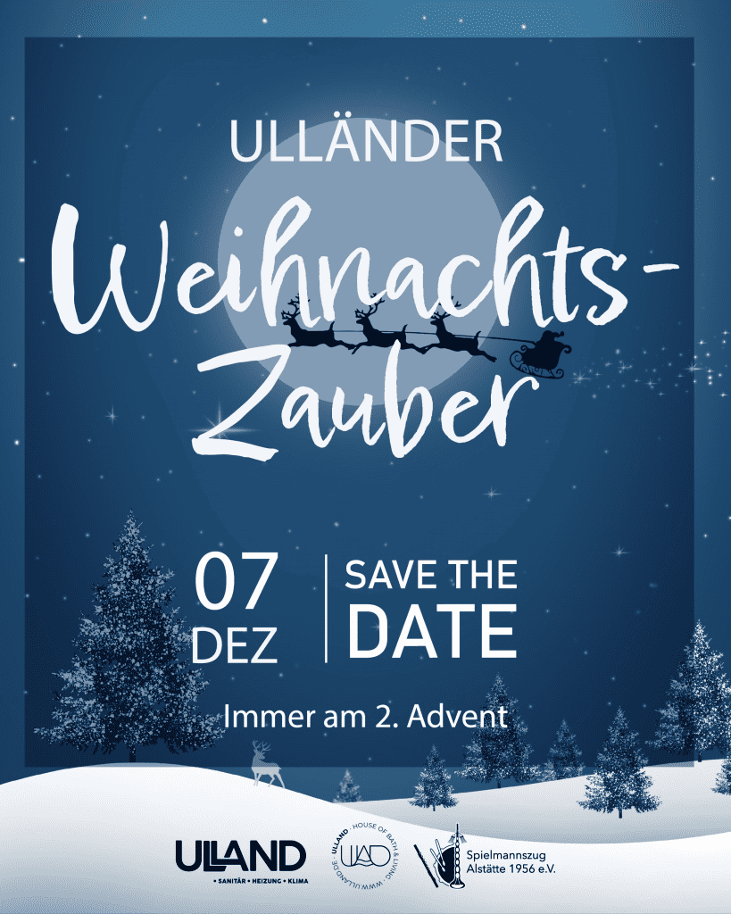 Plakat zum Ulländer Weihnachtszauber am 7. Dezember – winterliche Illustration mit Mond, Rentierschlitten und „Save the Date“.