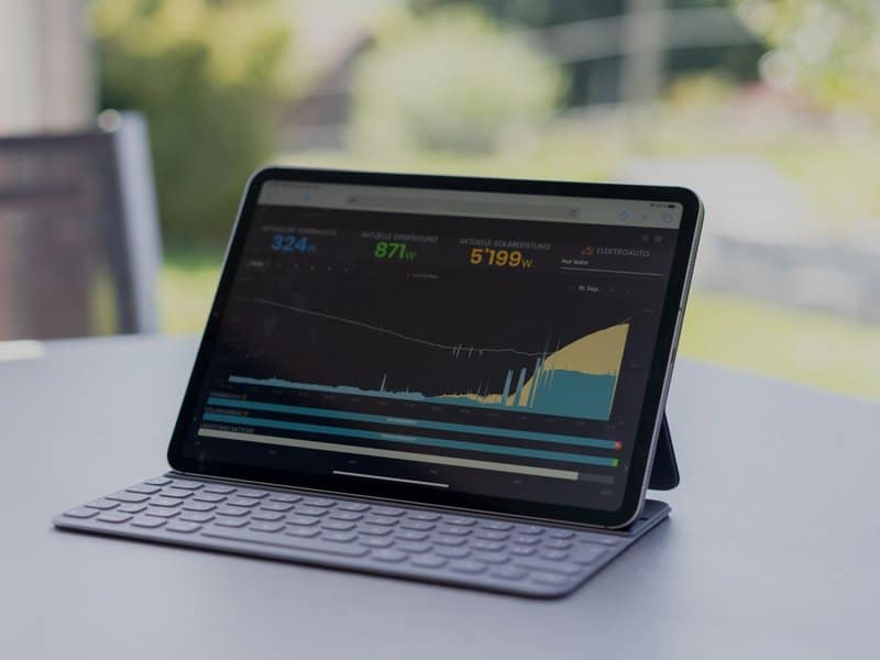 Tablet mit geöffneter Energiemanagement-App, die Echtzeitdaten zu Verbrauch, Einspeisung und Solarleistung anzeigt.
